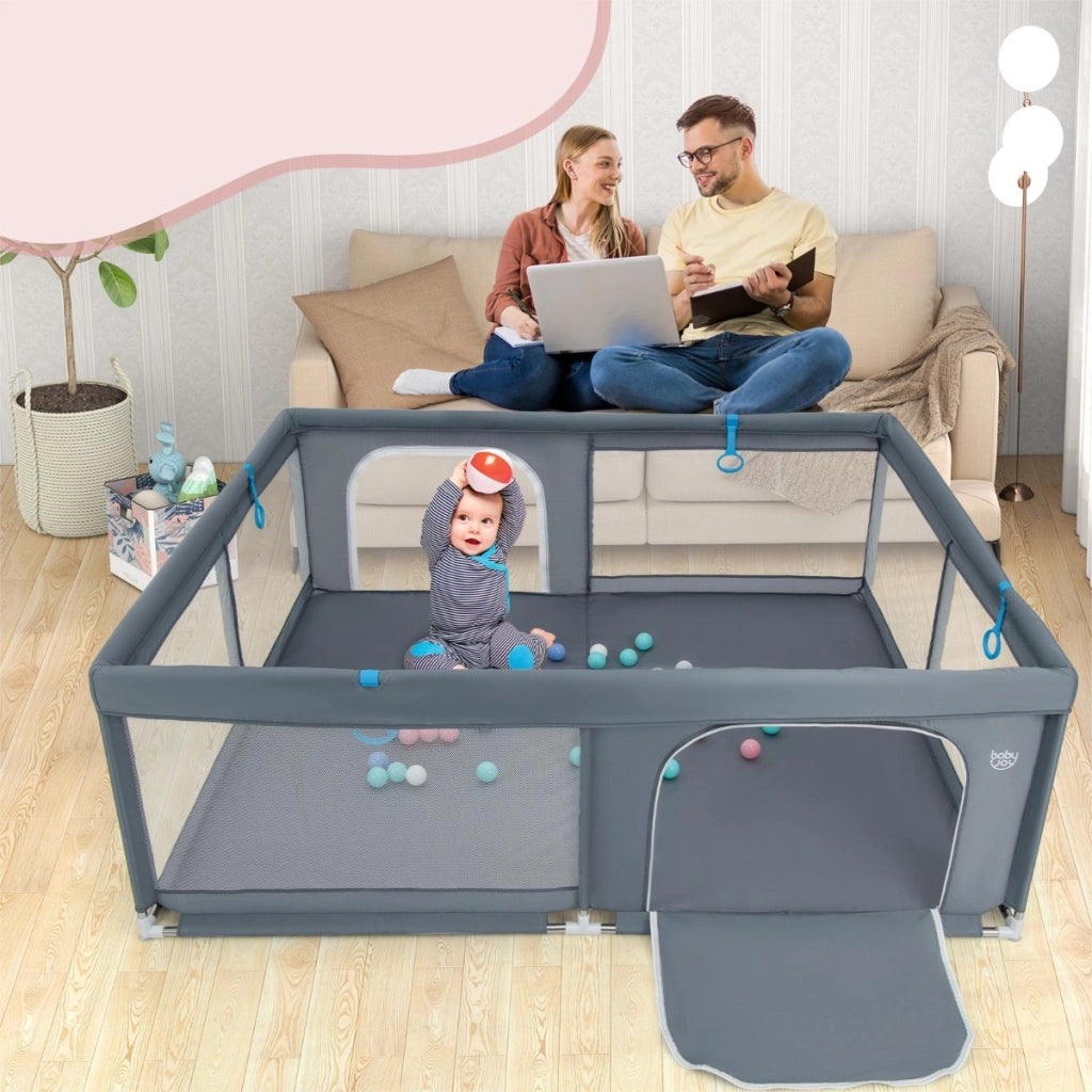 Recinto da gioco per bambini con rete traspirante maniglie palline oceaniche, Parco giochi 200x180x68cm Grigio-Cancelletti di sicurezza