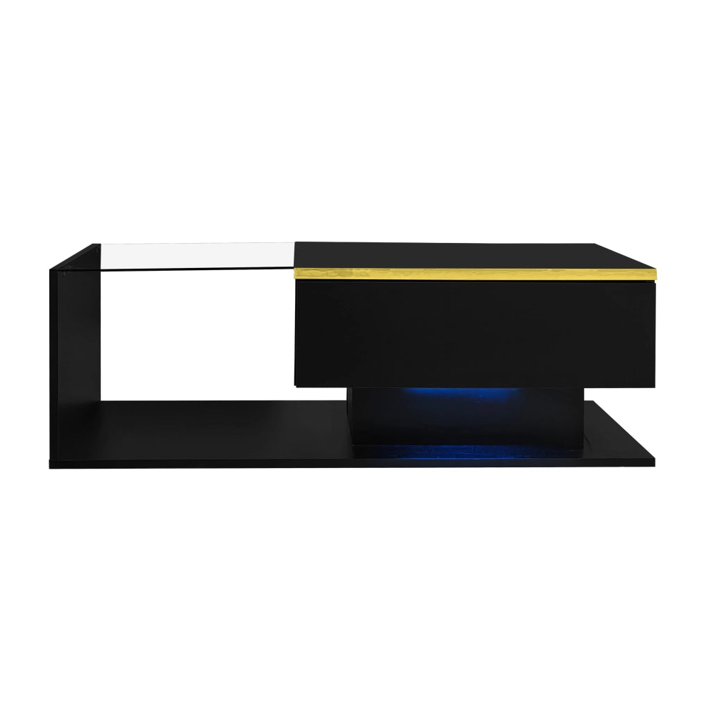 TAVOLINO DA CAFFÈ 100x50 cm Nero lucido con piano in vetro e LED