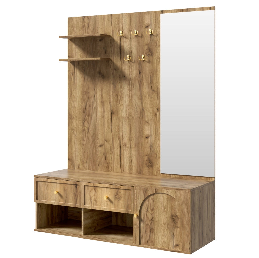 Guardaroba ingresso 120x35x159 cm con specchio; 5 ganci e 2 cassetti; effetto legno naturale