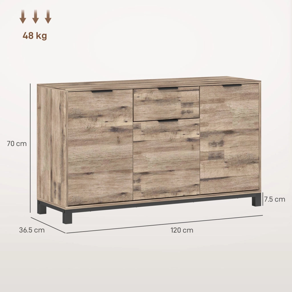 Credenza Buffet in stile Industriale 120x36.5x70 cm con Cassetto e 3 Armadietti in Legno Marrone