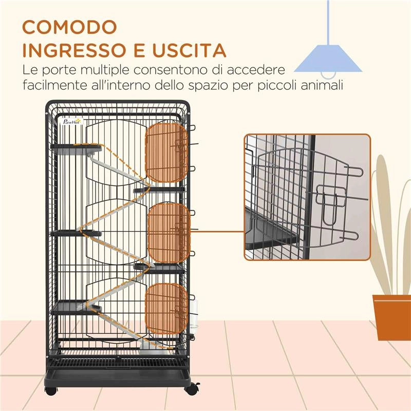 GABBIA PER PICCOLI ANIMALI CON RUOTE 5 RAMPE E 5 PIATTAFORME CIOTOLA E BOTTIGLIA 61.5X44X131 CM NERO