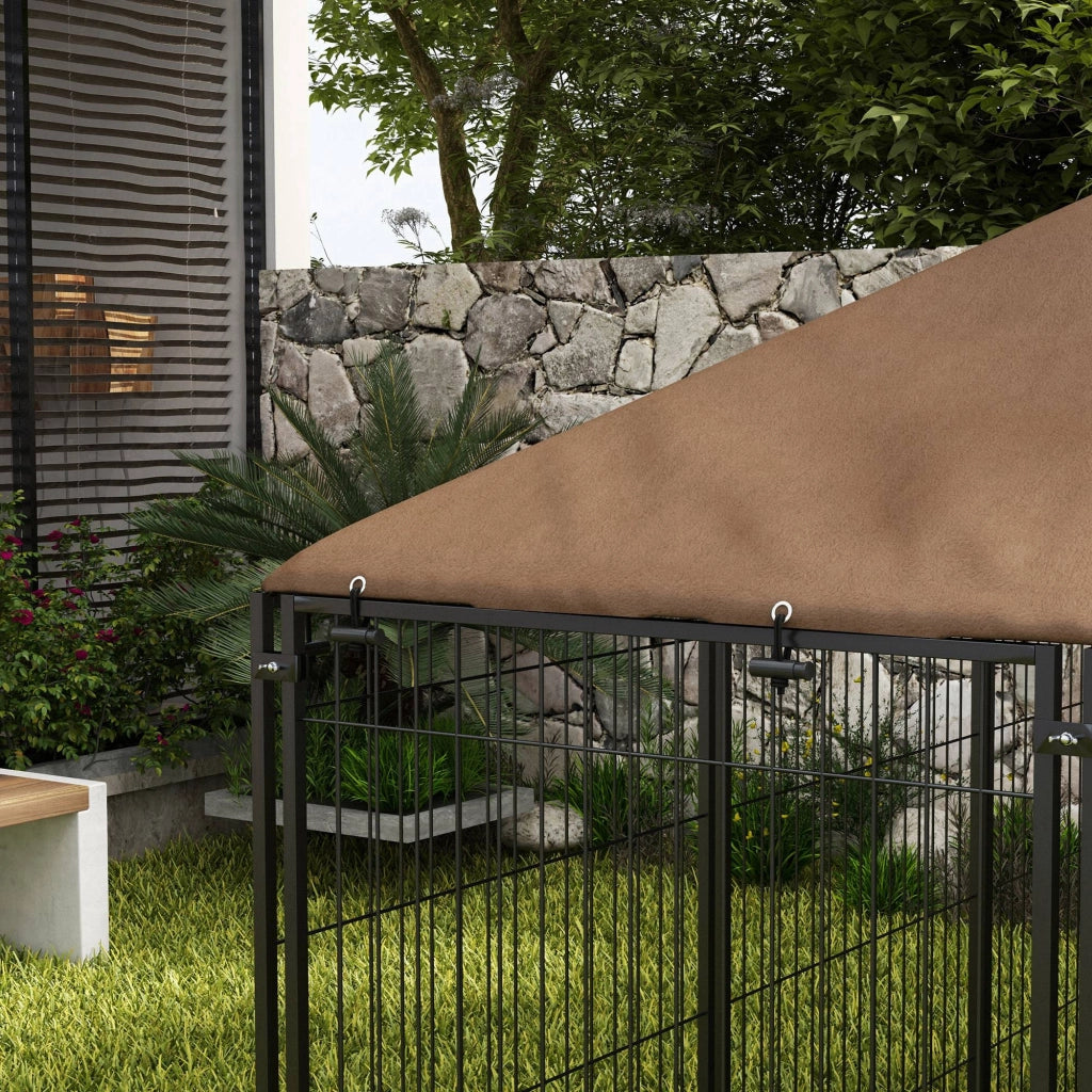Recinto per Cani 211x141x151 cm con Porticina per Ciotole in Metallo e Tessuto Oxford Nero e Marrone