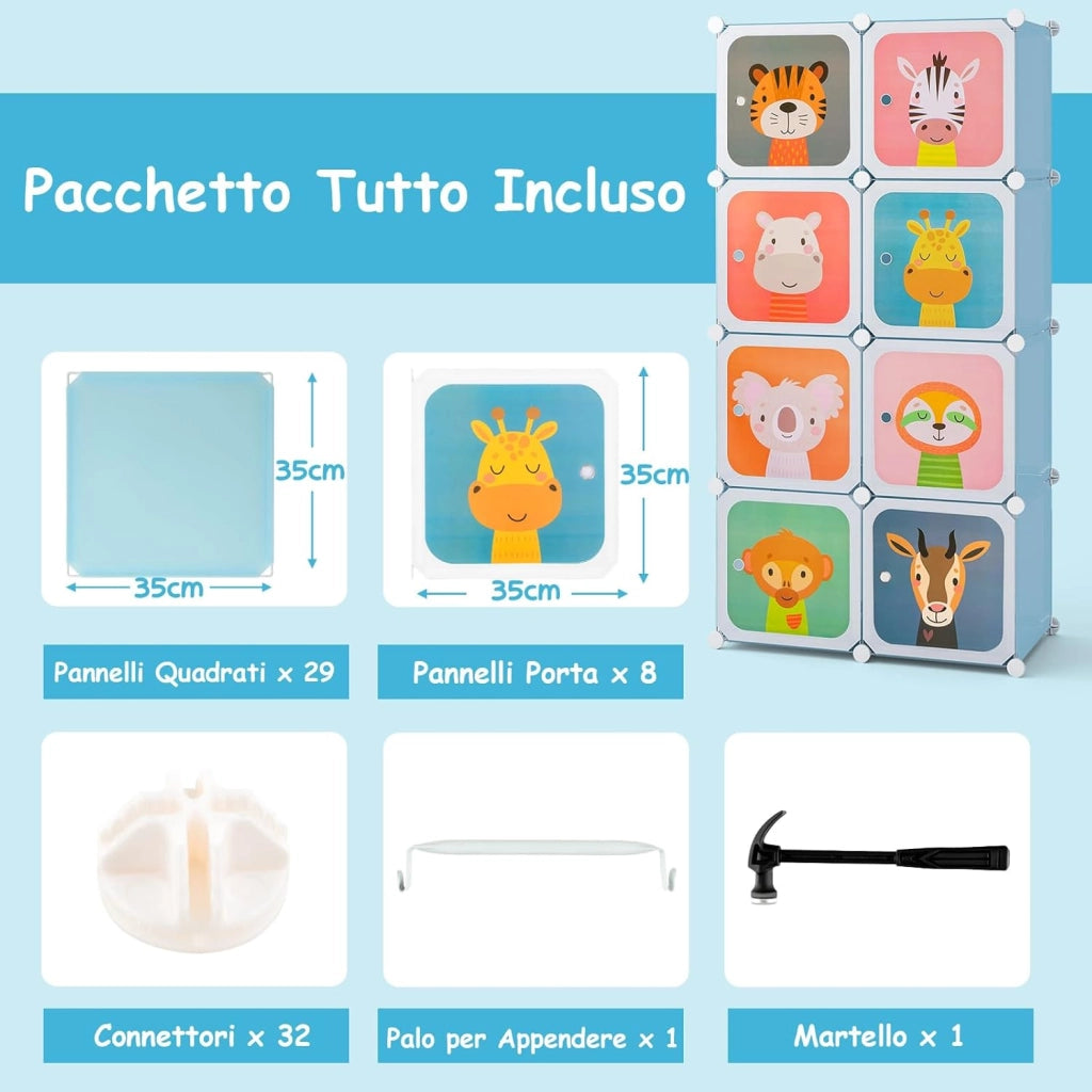 Guardaroba Portatile per Bambini, Armadio Guardaroba Modulare per Bambini con 8 Cubi, per Soggiorno, Camera da Letto, 75 x 35 x 145 cm (Blu)
