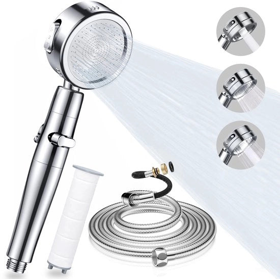 Douchekop con filtro, alta pressione con tubo 2M, 3 tipi di getto, risparmia acqua, maniglia con funzione di arresto, douchekop universale per spa, finitura cromata
