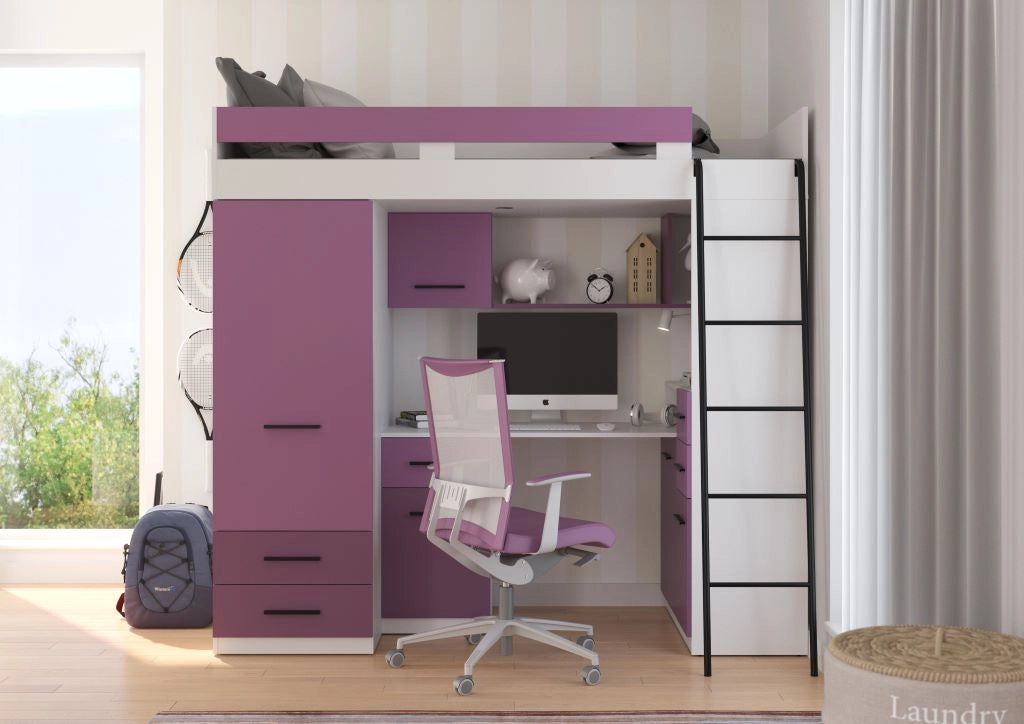 BIM Furniture letto soppalco con scrivania SMYK P cm 110x204x188h Bianco Lavanda