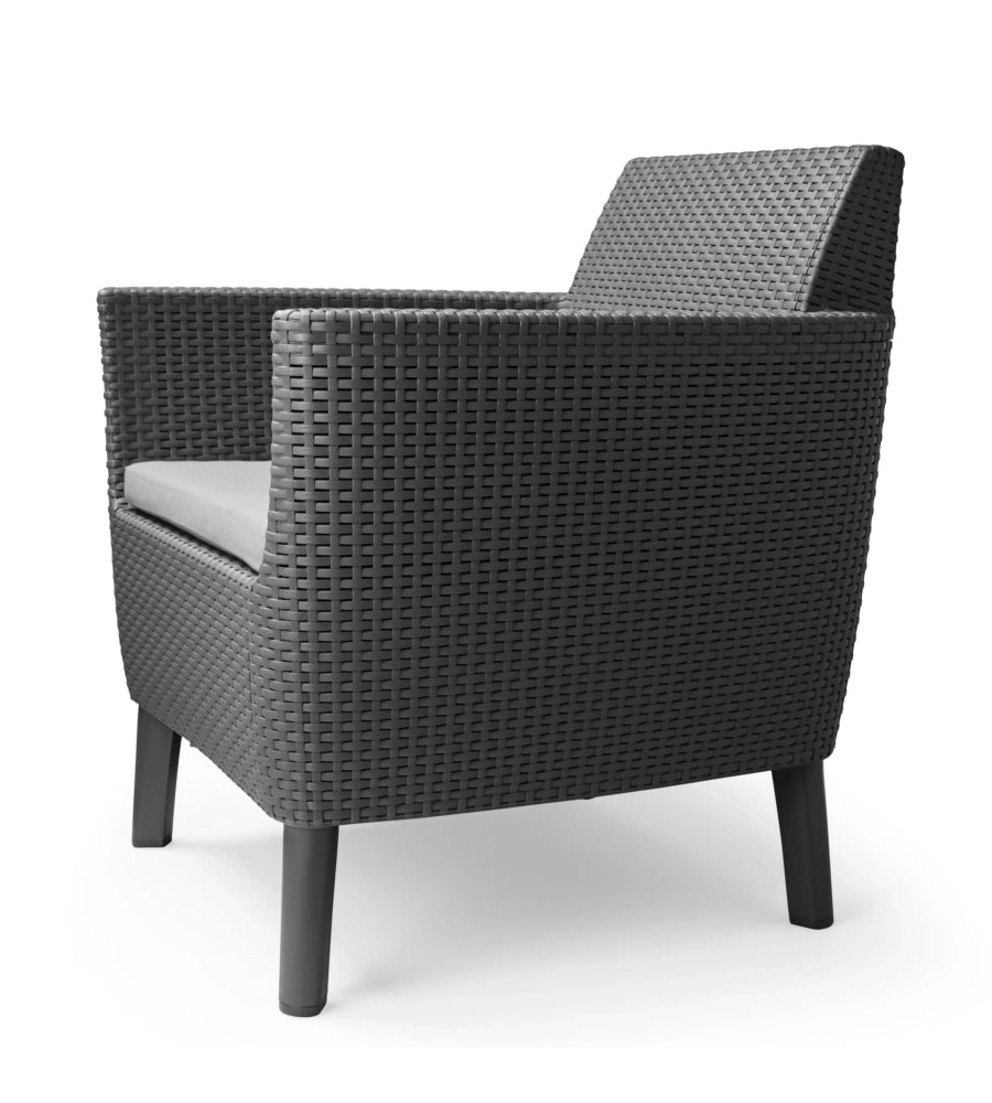 Salottino da Esterno Salemo Balcony Set 3 Pezzi in Resina Effetto Rattan con Tavolino Contenitore e 2 Poltrone con Cuscini Colore Graphite Keter