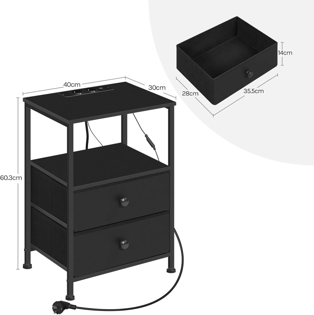 set 2 Comodini con Prese di Corrente, Tavolini con Luce LED, 2 Cassetti in Tessuto e Ripiani Aperti, Comodini Smart Nero, per Soggiorno, Camera da Letto e Ufficio, Metallo + MDF, NTS27sz-2