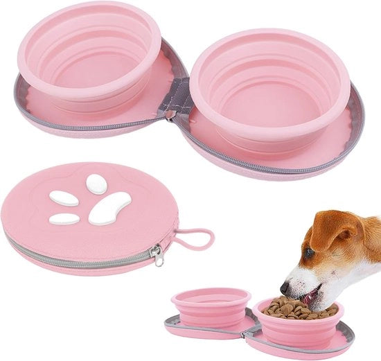 Ciotola per cani pieghevole, 2 in 1, portatile per animali, contenitore doppio per acqua e cibo, per viaggiare, campeggiare e escursioni, 25oz, marrone-rosa
