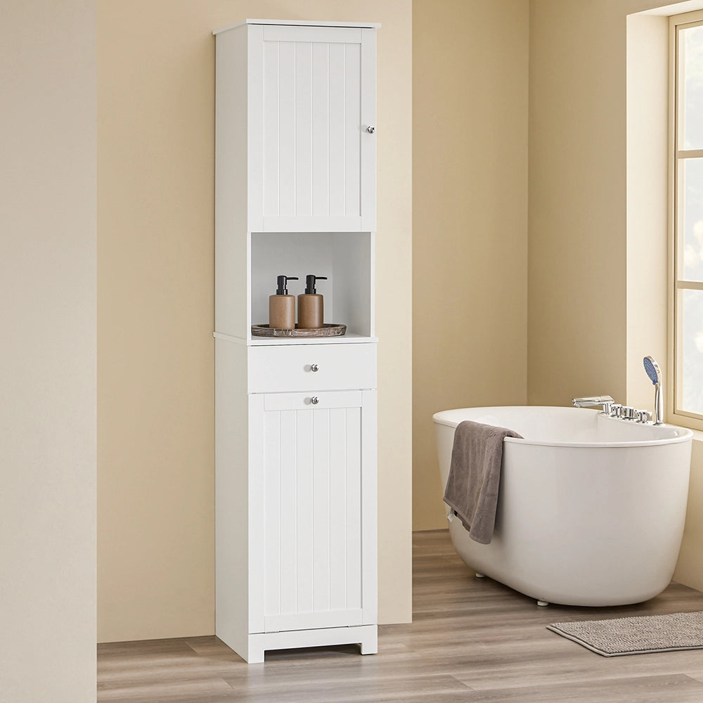 SoBuy Mobile Bagno Salvaspazio Alto con Cesto Portabiancheria 45L – Colonna Bagno Stretto 40x38x180cm con Cassetto in MDF, Ripiano Aperto e Anta Mobiletto per Lavanderia o WC BZR216-W