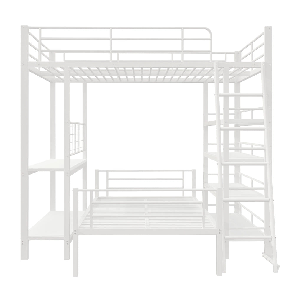 Letto a castello 140×200 cm e 90×200 cm con ripiani; separabile; senza materasso; metallo; bianco