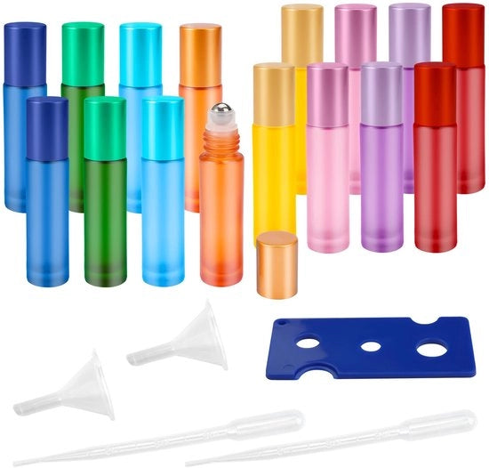 Set di flaconi in vetro soffiato per roll-on - 10 ml - 16 pezzi - palline in acciaio inossidabile - protezione rafforzata - flaconi con boccaglio in vetro soffiato - set di flaconi per roll-on