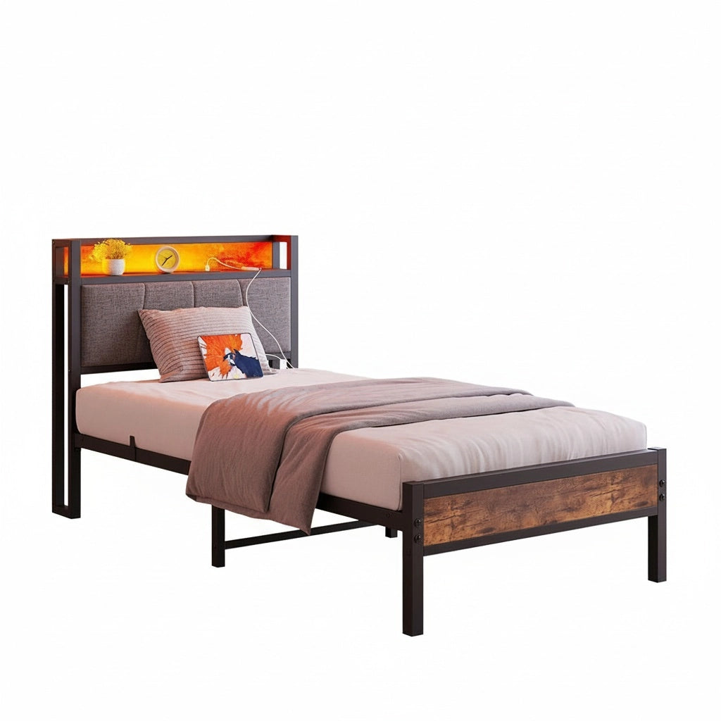 Struttura letto-Xylo-90x200cm,Nero,Con illuminazione LED e porte di ricarica USB-