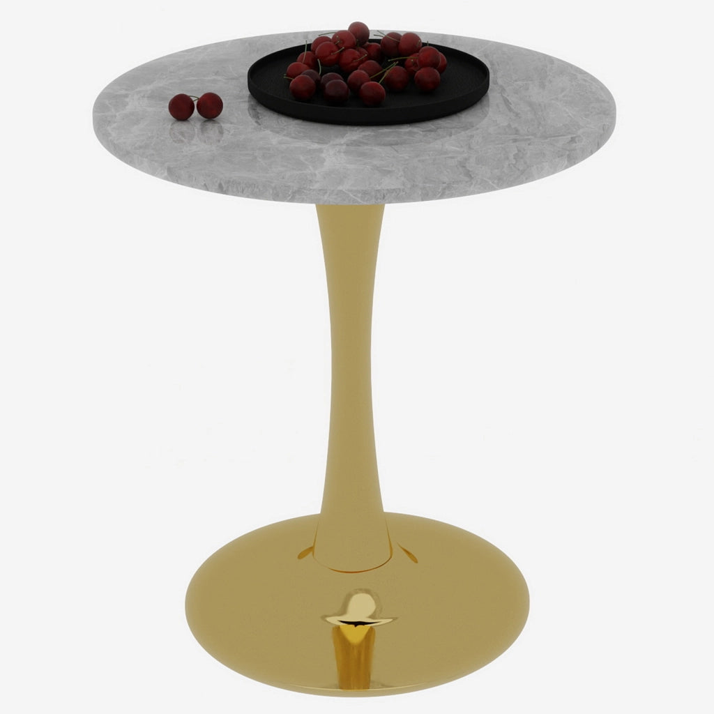 Tavolo da pranzo - rotondo 70 cm - stile mid-century - marmo grigio chiaro - per 2-4 persone - dorato