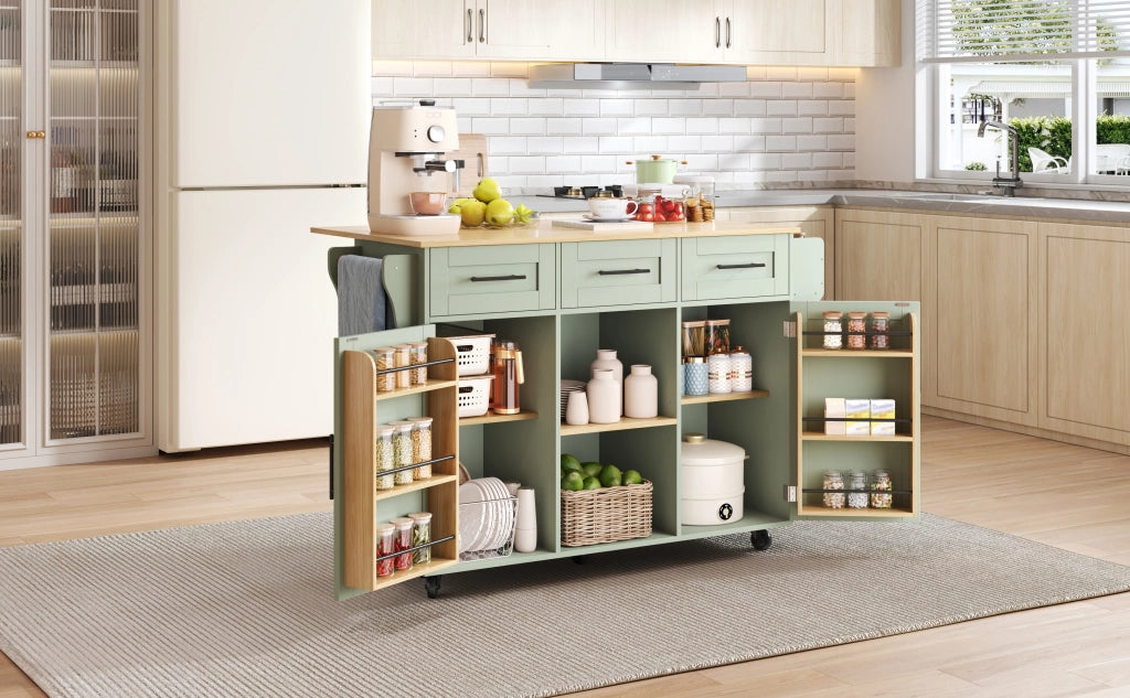 Carrello cucina con piano ribaltabile, contenitore interno e ruote, colore verde antico, 139x46(71)x91,5 cm
