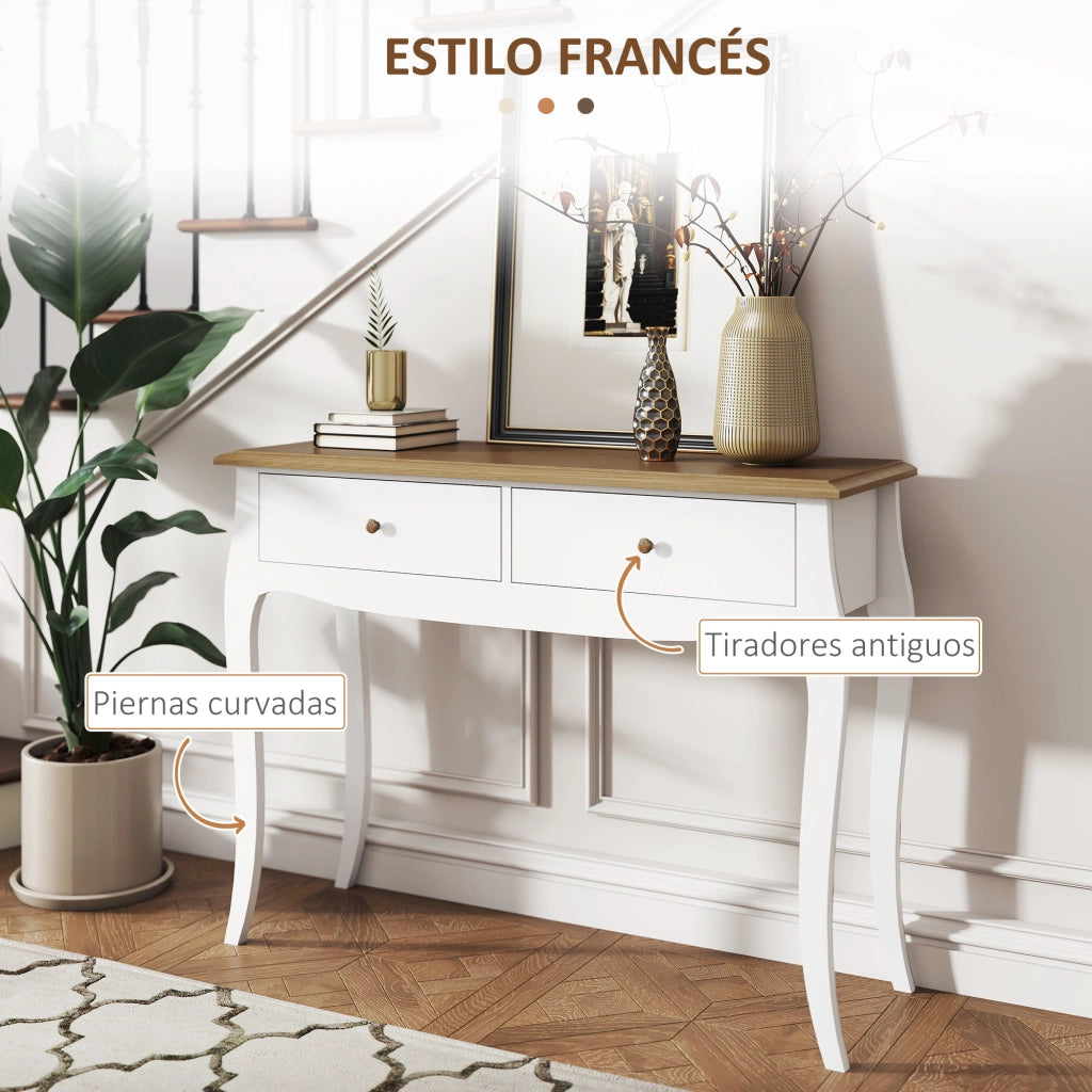 Consolle ingresso 2 cassetti stile francese ¨C Xylo ¨C legno bianco e marrone scuro 100x35x76,5 cm