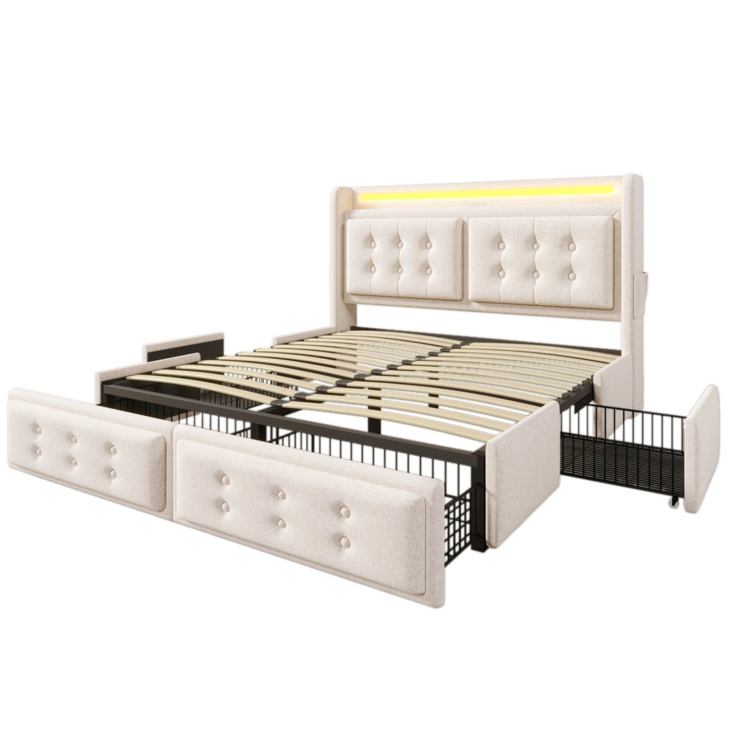 Letto 180x200 cm con LED, prese USB e USB-C, 4 cassetti in cotone-lino beige