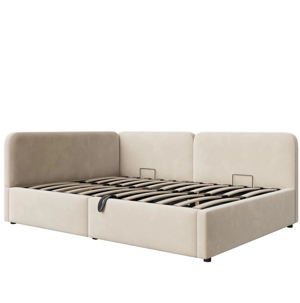 Divano letto imbottito 206x146x81 cm con contenitore idraulico; testiera reversibile in tessuto beige