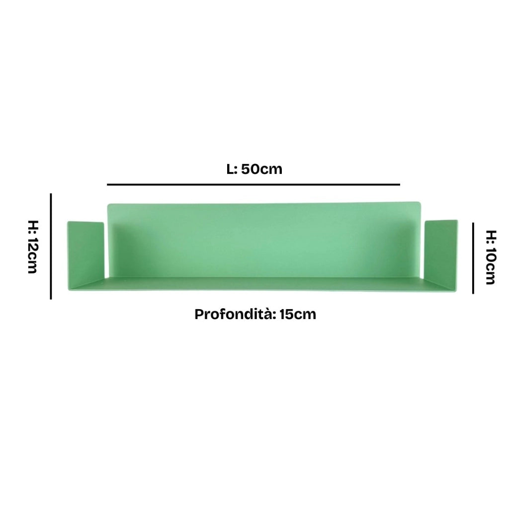 ZOI LINE180 Mensola 50 cm in Acciaio Verniciato 1,5 mm con Schiena 12 cm – Ripiano da Parete Moderno per Cucina, Bagno, Ingresso e Soggiorno Colore Mensole: Verde Acqua