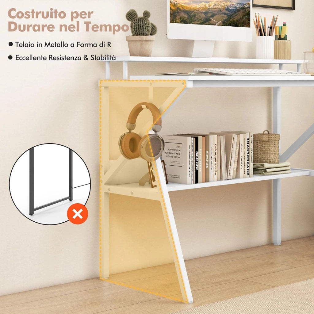 Scrivania Salvaspazio per Computer, Scrivania con Struttura Metallica, Supporto per Monitor, Gancio Pendente e Ripiano, Scrivania Versatile a Forma di R per Ufficio e Casa