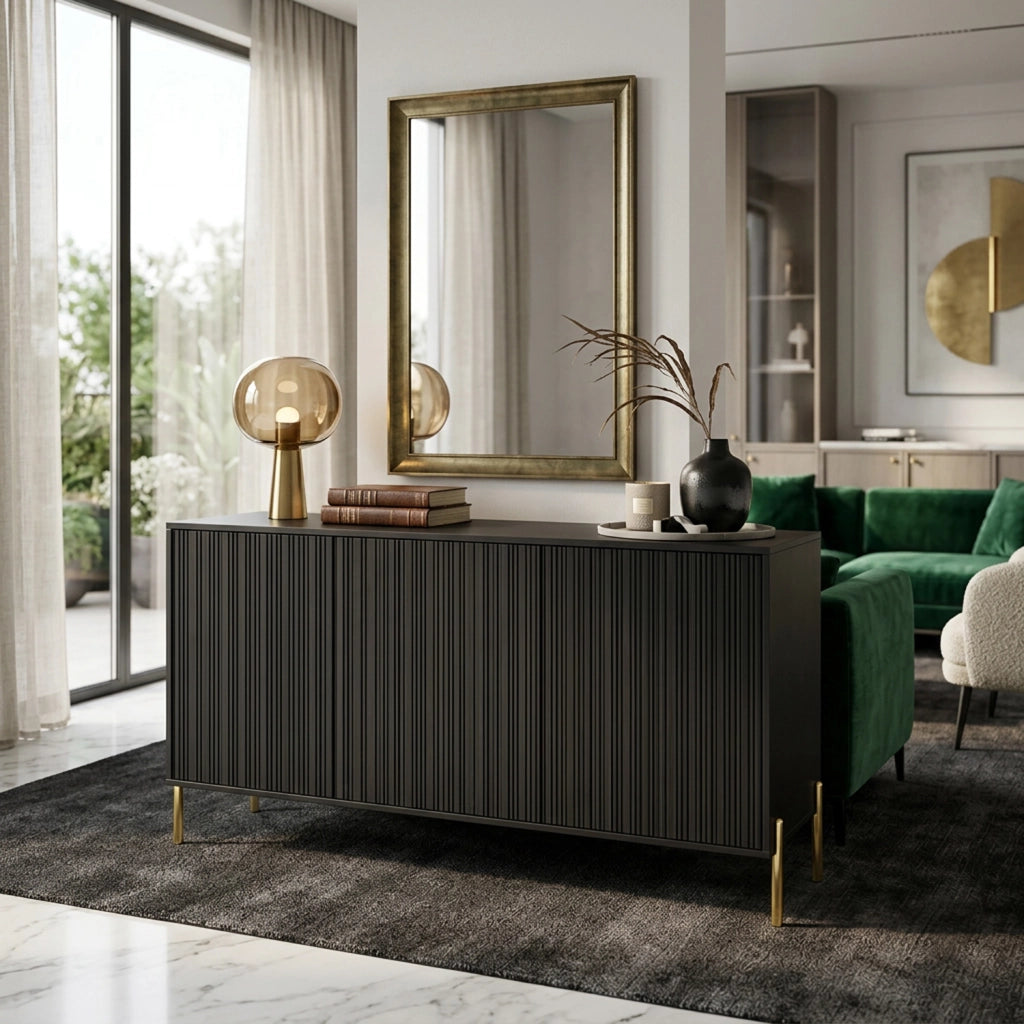 Credenza Con 3 Ante Battenti E Ripiani Interni Madia Moderna In Melaminico Con Ampio Spazio Contenitivo Per Soggiorno Sala Da Pranzo Corridoio Zona Living 154 X 38 X 80 Cm Nero