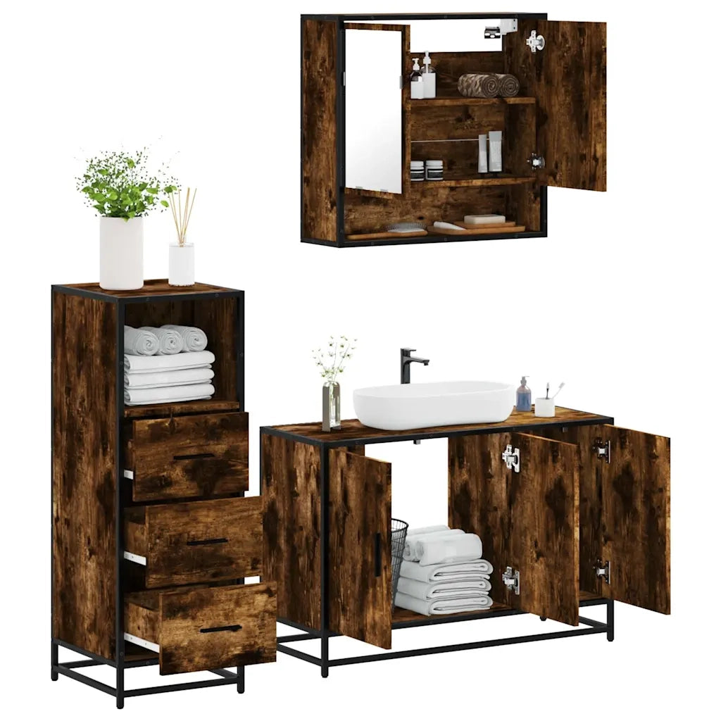 vidaXL Set Mobili da Bagno 3 pz Rovere Fumo in Legno Multistrato