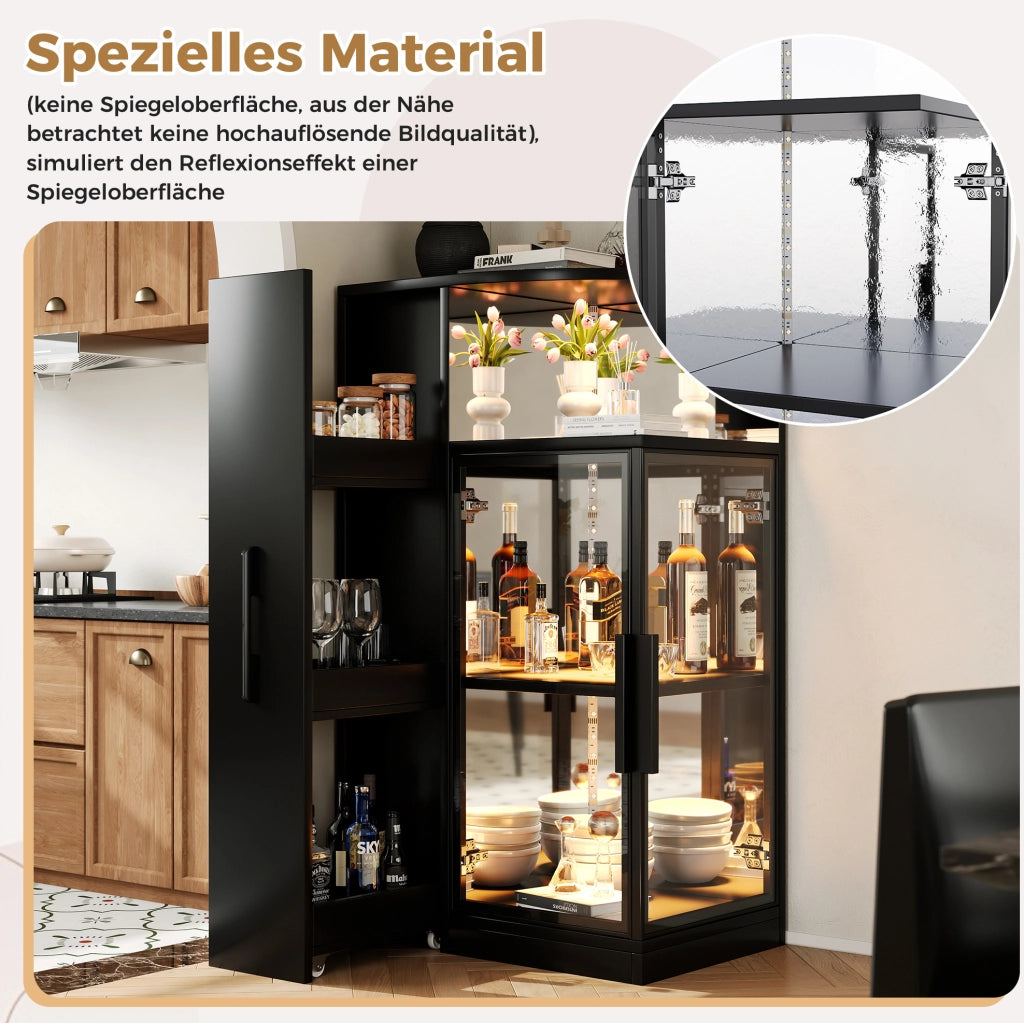 Vetrina 64x42x112 cm con LED multicolore e mobile laterale estraibile; vetro e truciolare nera