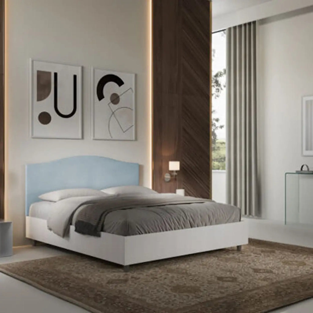 Letto matrimoniale senza rete 160x190 bianco frassino testata microfibra azzurro Grace