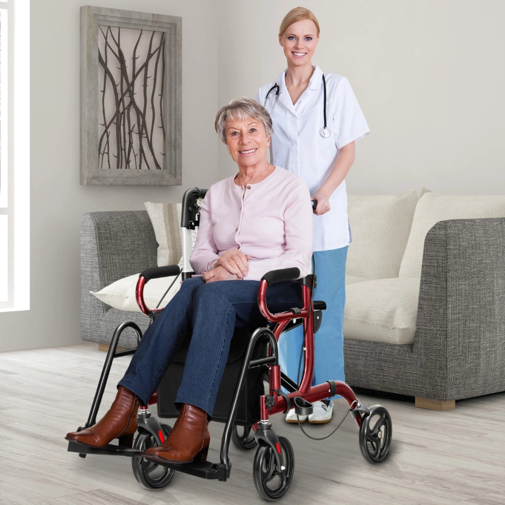 Rollator 2 in 1 per anziani con schienale reversibile manici regolabili ruote da 19,5cm, Deambulatore pieghevole Rosso-Salute e bellezza