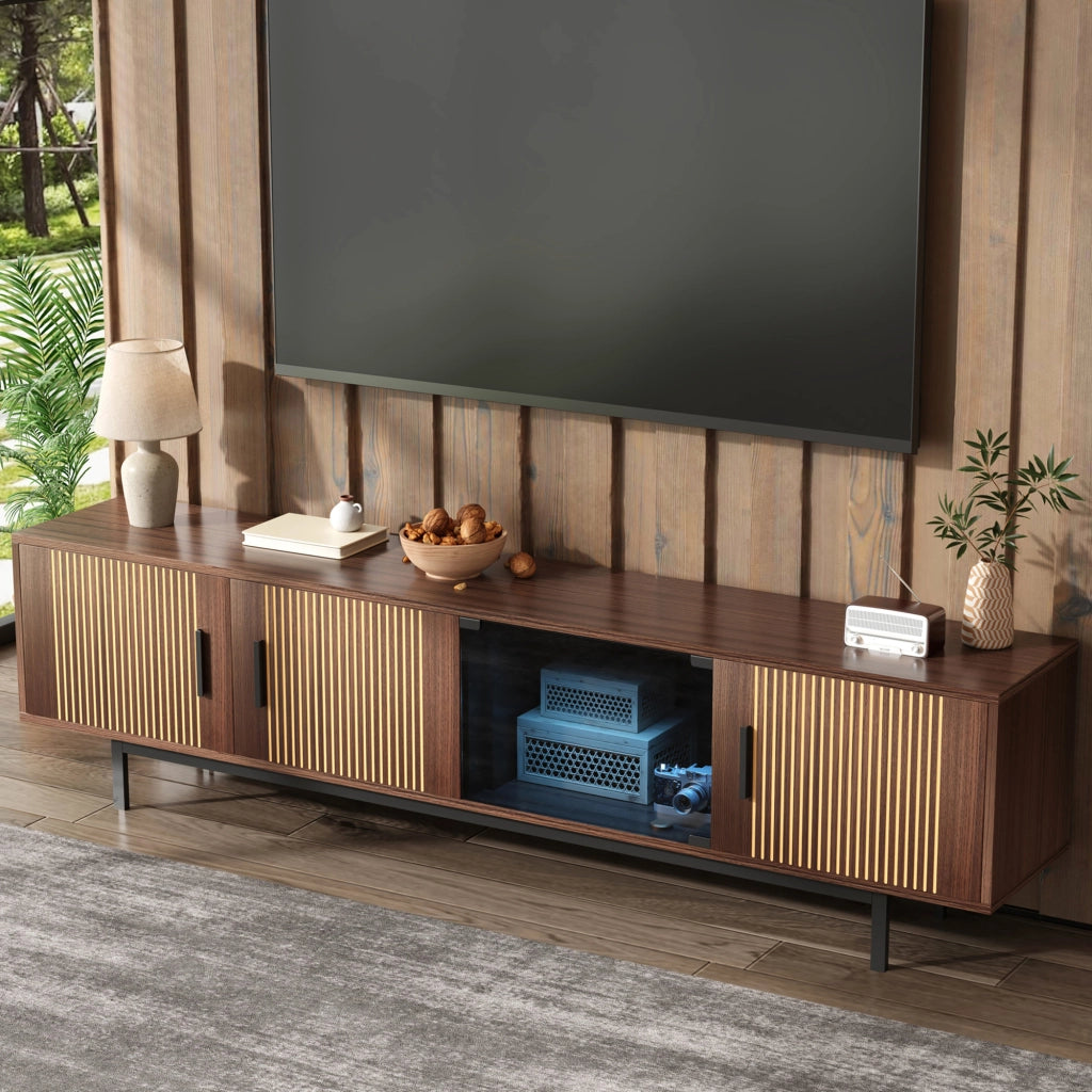 OKWISH Mobile TV con 2 Ante in Vetro Temperato e LED, Stile Moderno, MDF, Nero e Noce, 200 x 35 x 53 cm