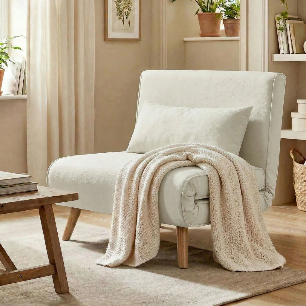 Poltrona letto singolo imbottita 3 in 1 ¨C zephmum ¨C tessuto crema con cuscino