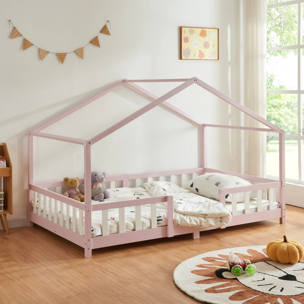 Letto per Cameretta Treviolo a Forma di Casetta 120x200 cm Rosa [en.casa]