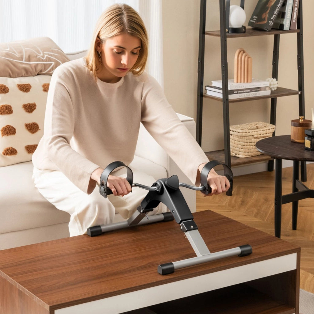 Cyclette da scrivania con resistenza regolabile per allenare gambe e braccia, Pedaliera pieghevole con display LCD Nero-Cyclette