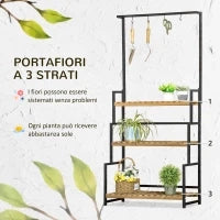 Portafiori a 3 Livelli con Ganci Superiori in Legno di Abete e Metallo per Interno ed Esterno, 80x36x174 cm