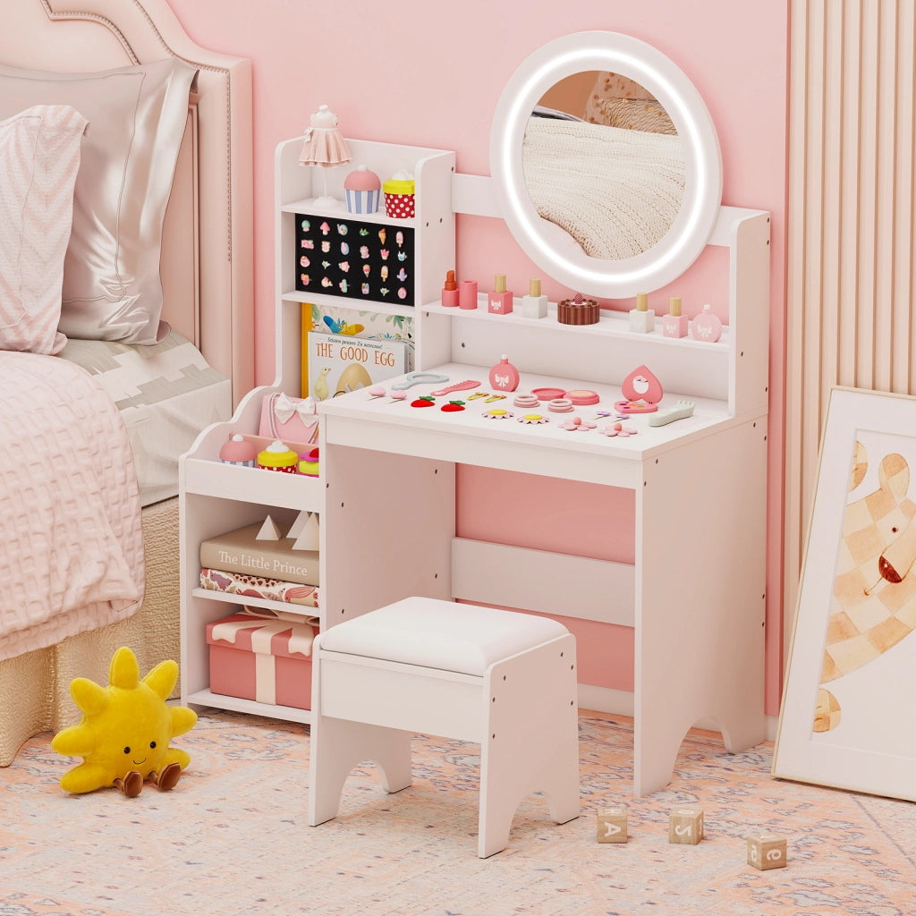 Scrivania bambini specchio luci tavolo trucco principessa scaffale aperta-Tavolo anelli spazi sgabello imbottito finzione giochi bambini Bianco