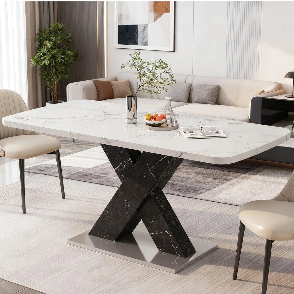 Tavolo da Pranzo Allungabile ¨C MINIMAL ¨C Piano Effetto Marmo Bianco, Gambe Nere in Metallo, 120-160 cm