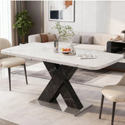 Tavolo da Pranzo Allungabile ¨C MINIMAL ¨C Piano Effetto Marmo Bianco, Gambe Nere in Metallo, 120-160 cm