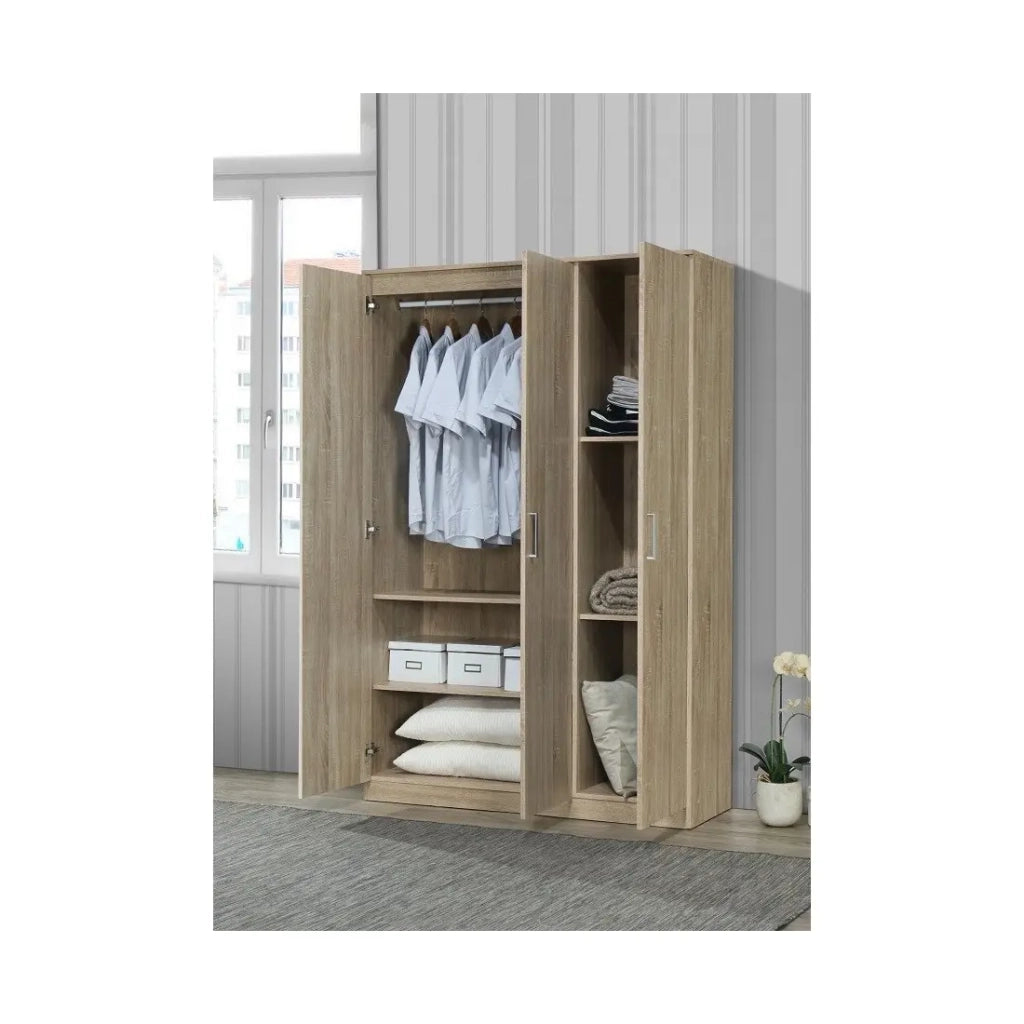 Armadio BARTIN 3 porte – Quercia chiara e grigio – Appendiabiti + scaffali