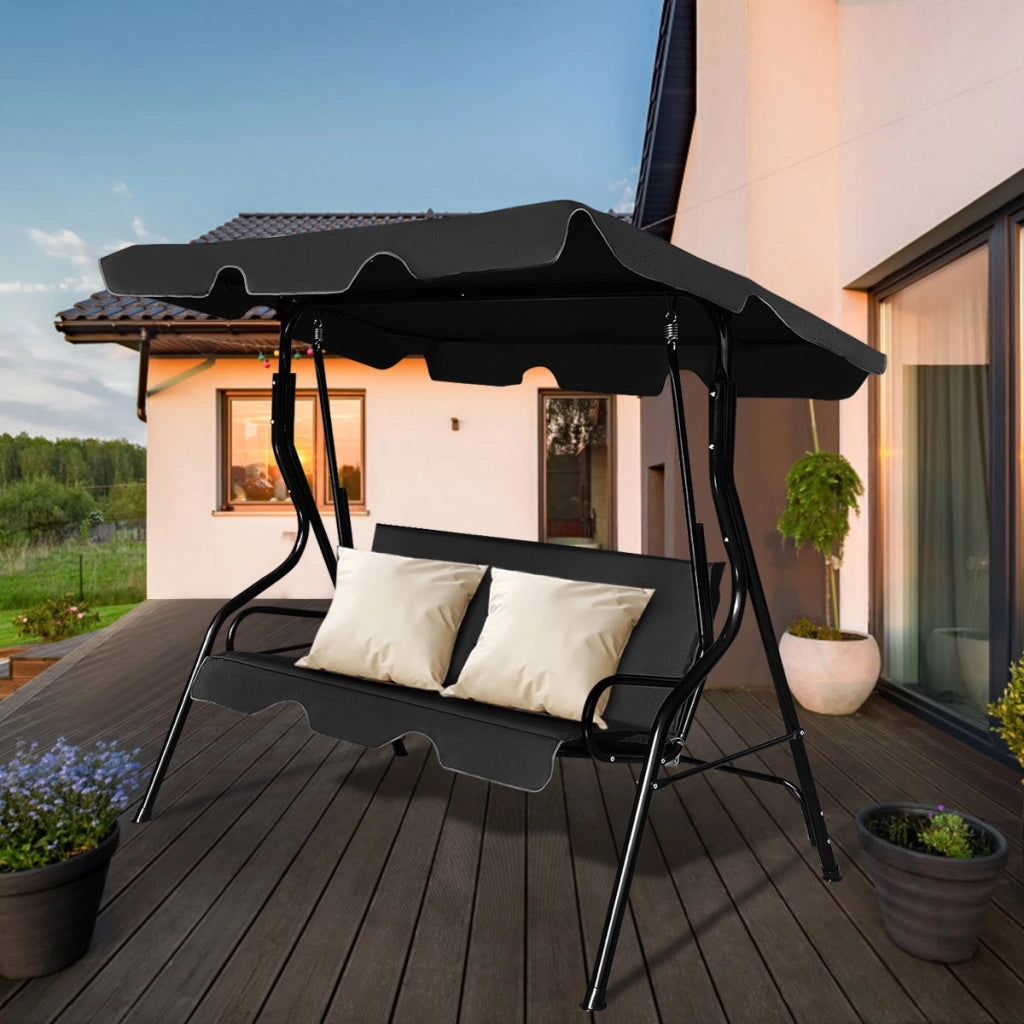 Dondolo a tre posti da giardino con oscurante e telaio in acciaio 172x154x110cm Nero