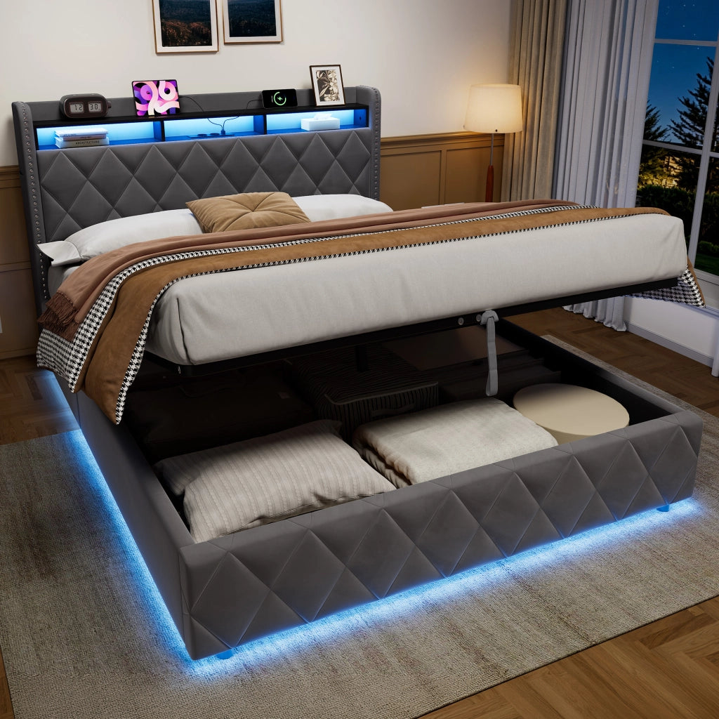 Letto matrimoniale imbottito contenitore grigio scuro 160x200 cm con LED e dock USB