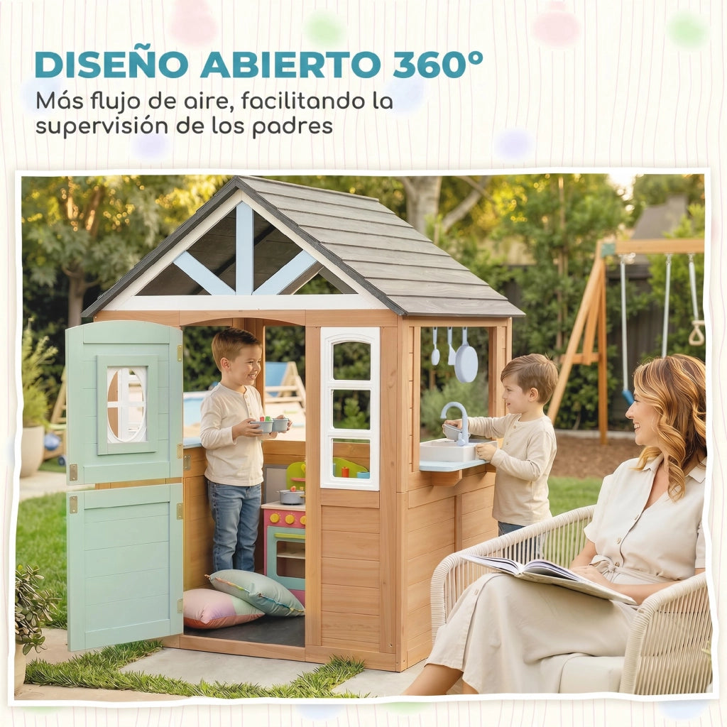 Casetta Gioco Legno Naturale ¨C Xylo ¨C con Cucina e Porta per Animali