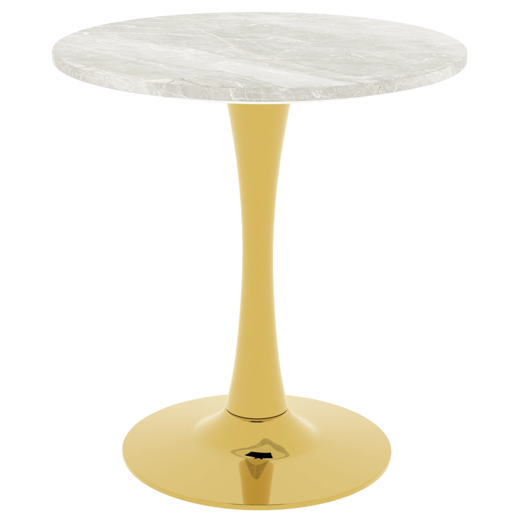 Tavolino rotondo moderno in marmo artificiale bianco dorato; stile minimal