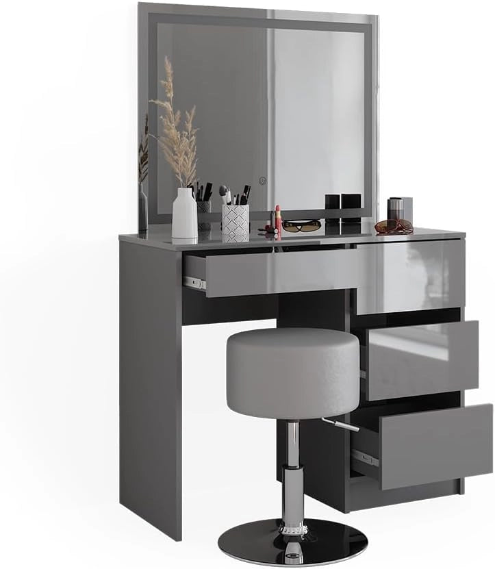 Tavolo da toeletta Sherry, Grigio, 90 cm con specchio LED e sgabello, con illuminazione LED e sedile regolabile in altezza