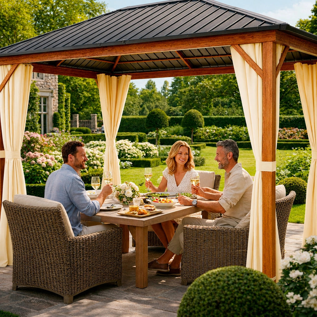 Gazebo 3X4 Metri Per Giardino Con Tetto In Acciaio Zincato Struttura Effetto Legno Tende Laterali Impermeabile Per Outdoor Patio Terrazza 300 X 400 X 295 Cm Effetto Legno E Beige