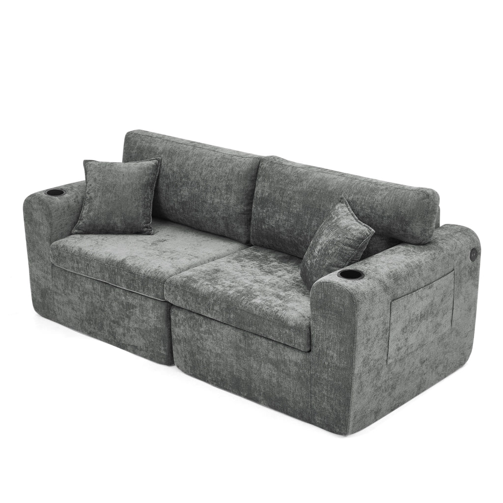 Divano relax 2 posti in chenille grigio con USB; tasche laterali; portabicchieri e cuscini