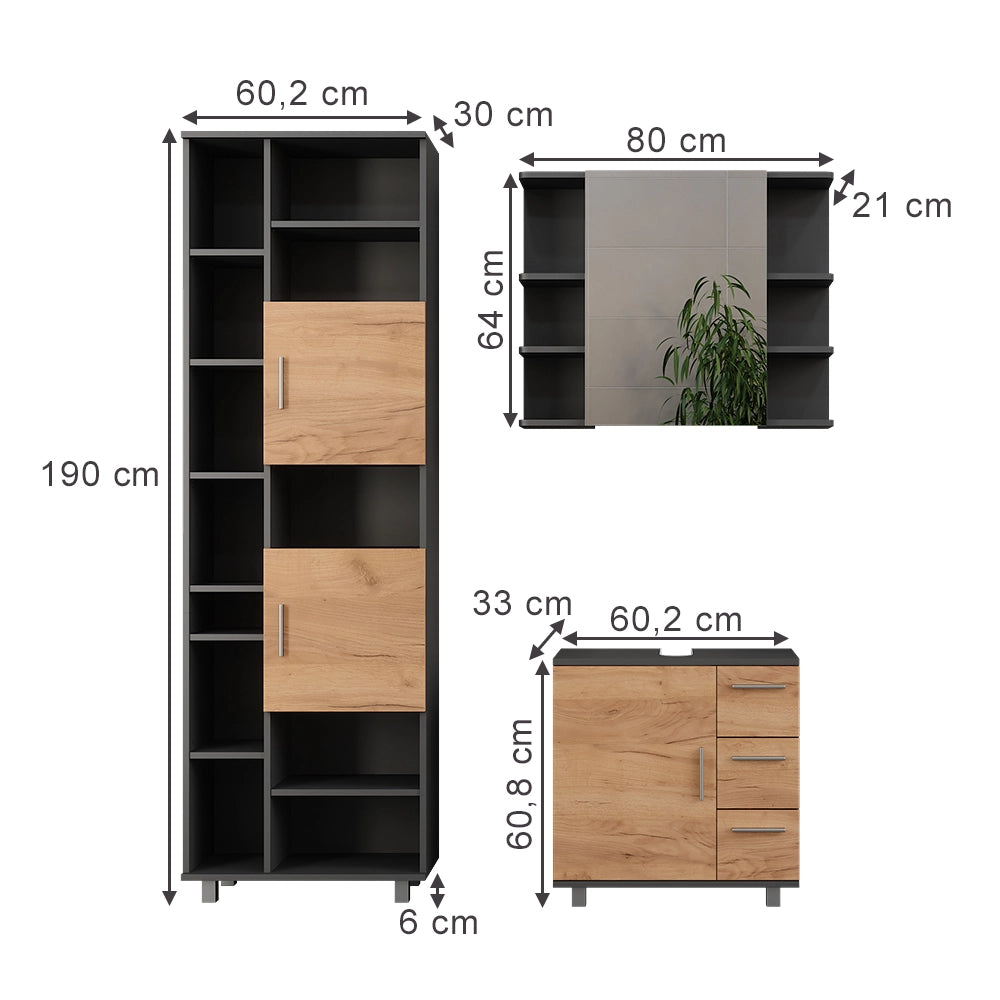 Vicco Set di mobili da bagno Antracite/quercia dorata 3 parti, con mobile da bagno 190 cm