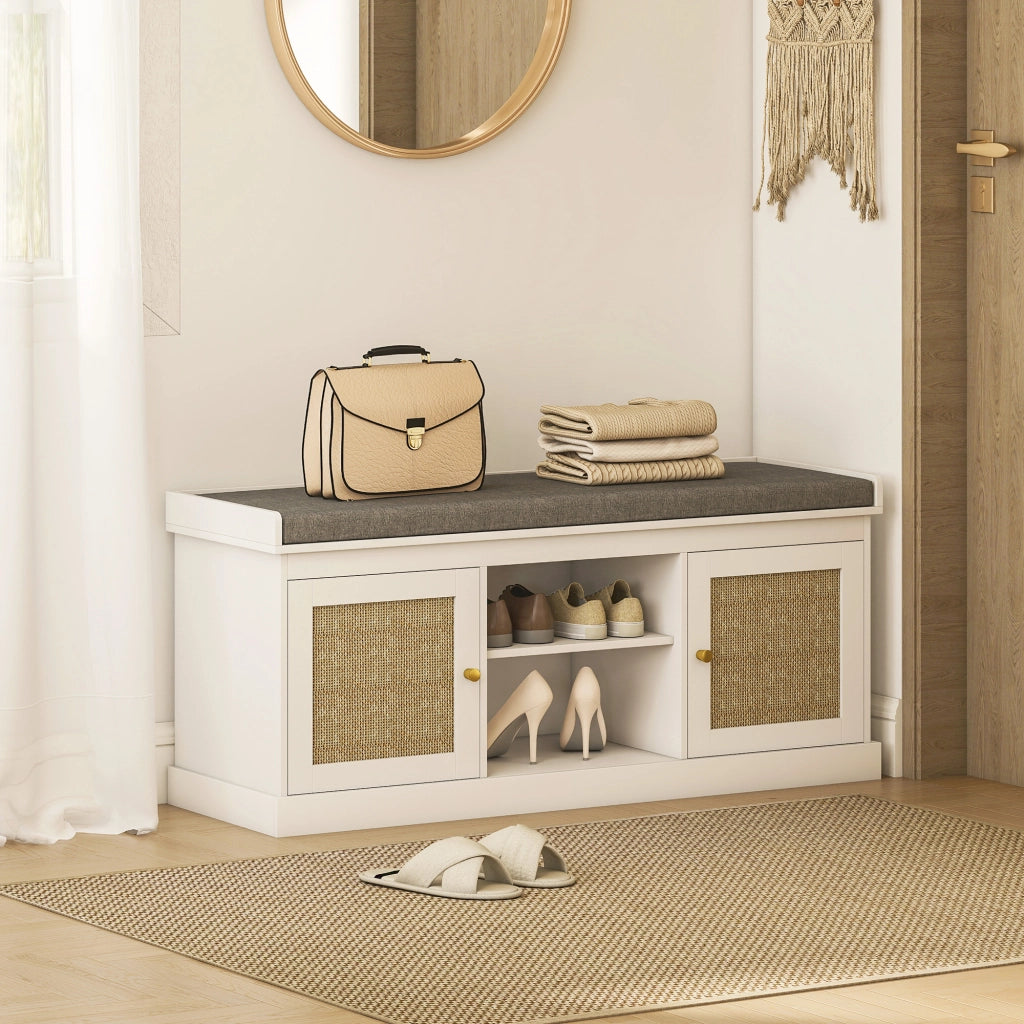 Cassettiera con ante in rattan e ripiani regolabili ¨C zephmum ¨C 105x35x47 cm bianco