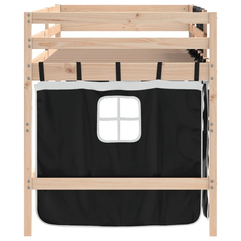 Letto a Soppalco con Tende Bambini | Letto Infantile | Lettino Bianco e Nero 80x200 cm Pino