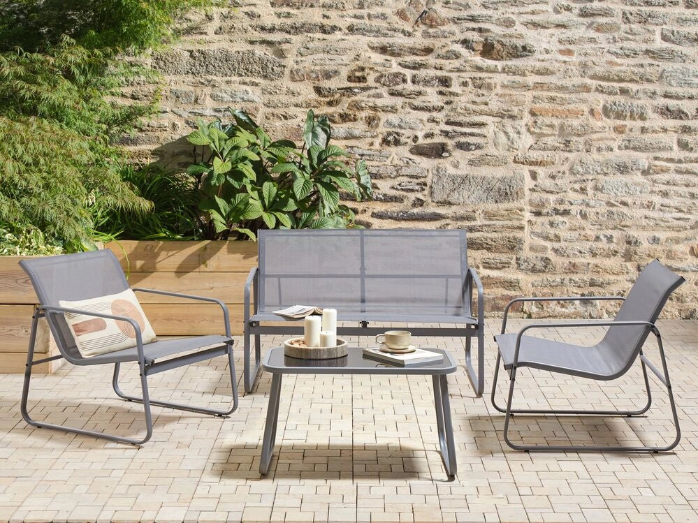 Set di divani da giardino in metallo grigio 4 posti con tavolo stile moderno