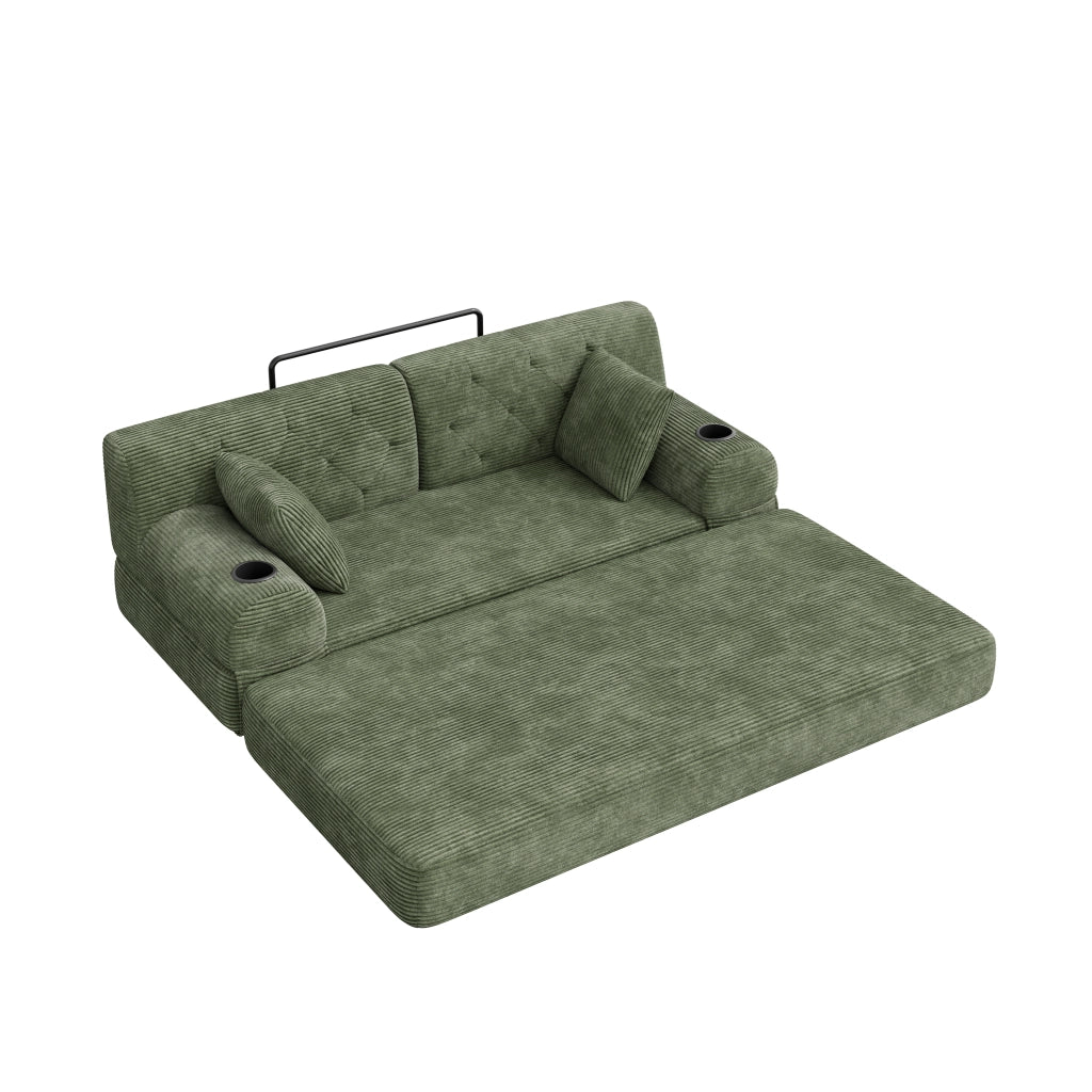Divano letto 2 posti in corduroy verde con schienale alto, tasche laterali e portabicchieri