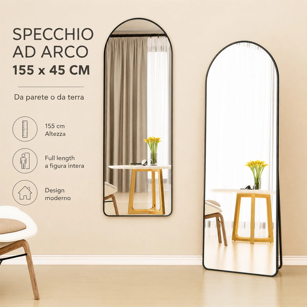 Specchio ad Arco da Terra e Parete Nero Decorazione Design Moderno 155x45 cm